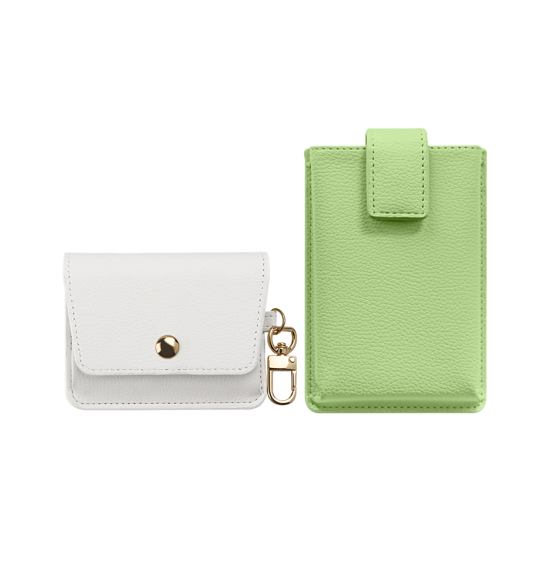 Cloud White Travel Pouch and Matcha Green Travel Case in PU leather
