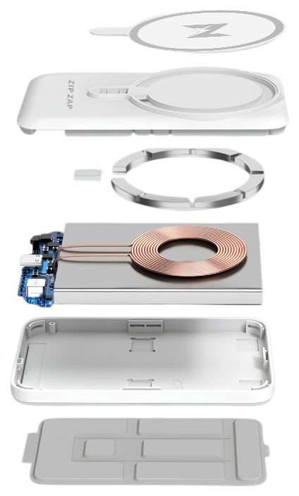 Zap Pad exploded view showing magnetic pad, housing, magnet ring, charging coil and battery