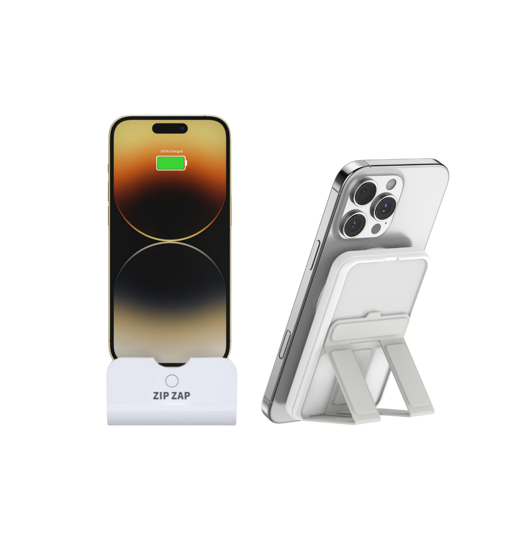 Zip Zap Plus Gen 3 docking an iPhone beside a Zap Pad on its stand