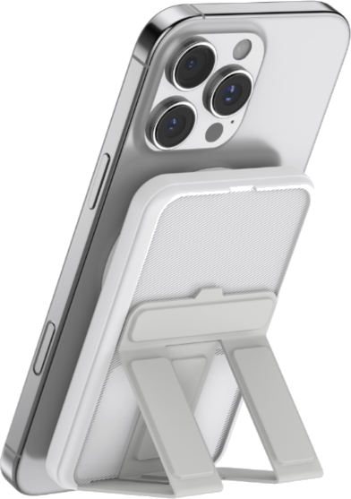 Zap Pad magnetic wireless power bank attached to the back of an iPhone with kickstand