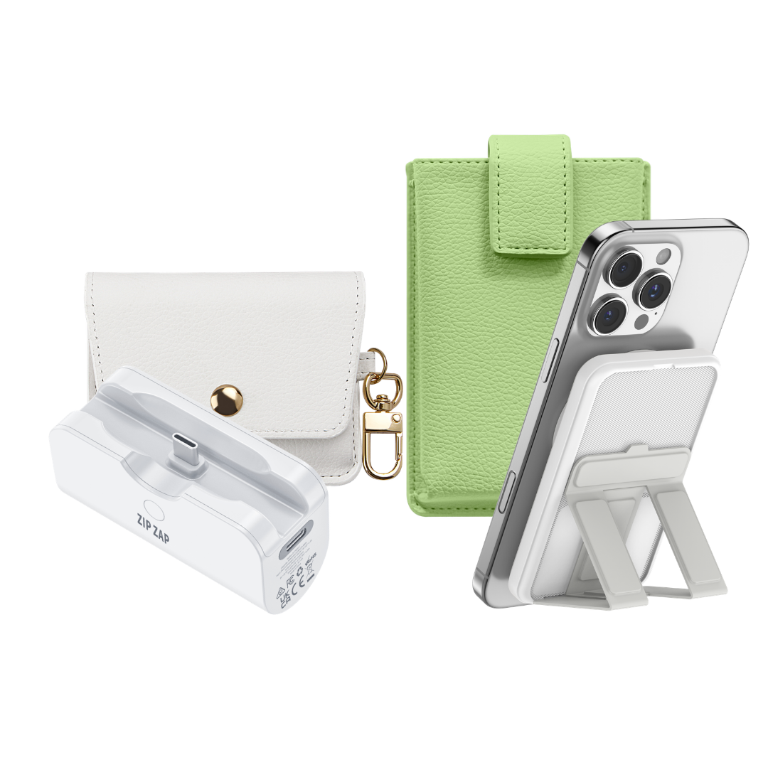 Zip and Zap Pack with a Cloud White pouch and Matcha Green case